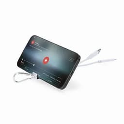 A smartphone with a video playing, connected to a cable with a carabiner attached. The phone has a sleek design.