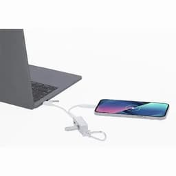 A device connector linking a laptop and a smartphone with a white cable. The laptop is grey and the phone has a colourful display.