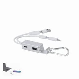 A charging cable with USB Type-A, USB Type-C, and a micro USB connector, featuring a carabiner. The device is silver and white.
