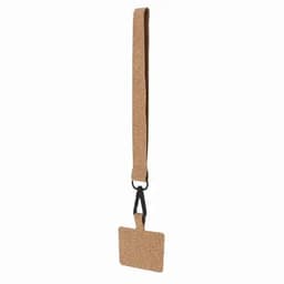 A lanyard made from natural cork with a rectangular holder for identification cards, featuring a black clip.