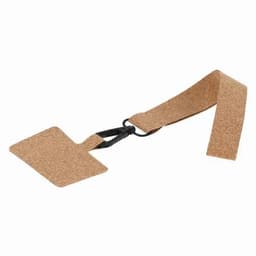 A gardening label made of brown cork with a black strap for securing it in place.
