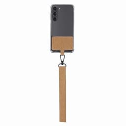 A smartphone case with a cork card holder attached by a strap. The case is clear, showcasing the phone's colour.