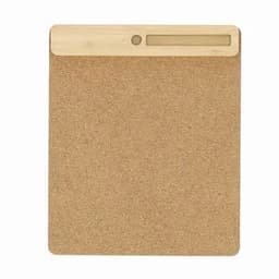 A cork clipboard with a wooden top and a slot for holding a pen. The overall design is natural and minimalist.