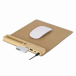 A mouse pad in a cork design with a white mouse and a wooden base featuring USB ports.