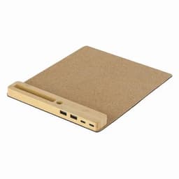 A cork tech accessory organiser in natural tones, featuring a wooden compartment for cable management and multiple USB ports.