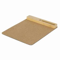 A clipboard with a wooden clip and a cork board surface, featuring a rounded edge and a handle.