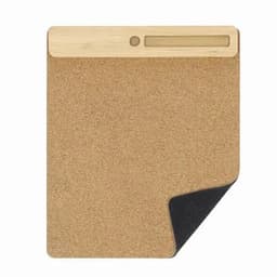 A cork and black mat with a wooden top section, featuring a hole for hanging.