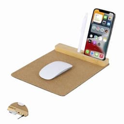 A desk mat featuring a cork surface, a wooden holder for a phone, and space for a mouse.