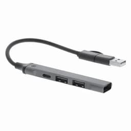 A USB hub in recycled aluminium featuring a grey design, with two USB ports and a USB-C port.