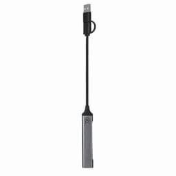 A USB charging cable with a sleek grey design and a loop for easy storage. Features a logo on the side.