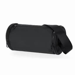 A black cylindrical bag with a zipper and a detachable strap for easy carrying.