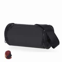 A black cylindrical bag with a strap and two zip openings, featuring a model demonstrating its use on the shoulder.
