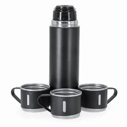 A drink bottle in black with a silver top, accompanied by three black mugs, each featuring a handle.