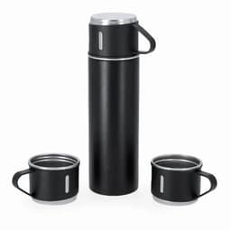 A drink bottle in matte black with two matching cups, featuring minimalistic designs and handles.