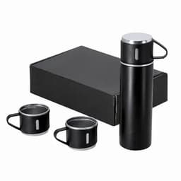 A drink bottle in black with two matching cups, all packaged in a black box. The bottle features a handle and a silver lid.