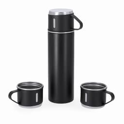 A drink bottle in black with silver accents, accompanied by two matching cups, all featuring a sleek design.