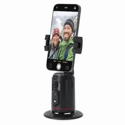 A mobile phone holder in black with a secure grip, featuring a smartphone displaying a selfie of two people.