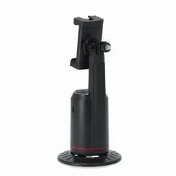 A black phone holder with a circular base and adjustable grip for secure positioning. Features a red accent line.