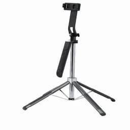 A stand with a black and silver tripod base and adjustable holder, designed for supporting devices.