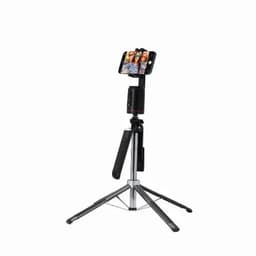 A tripod featuring a black and silver design, holding a smartphone at the top for photography or video.