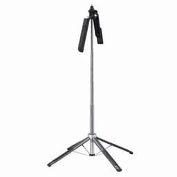 A tripod stand with metal and plastic components, featuring rubber grips and a sturdy base.