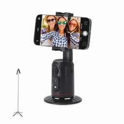 A phone holder in black with a tripod stand, designed for taking selfies or videos with a smartphone.