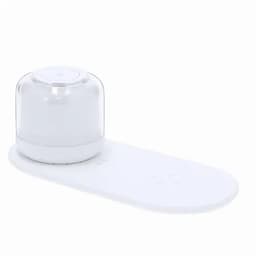 A drink bottle in white with a transparent cap, featuring an oval base and a logo.