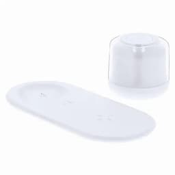 A drink bottle in a sleek white design, accompanied by a matching base, featuring a logo.