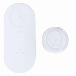 A white wireless charger with an indicator light and a small power button. Includes a circular charging pad.