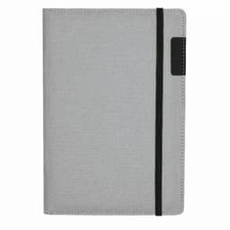 A grey notebook with a black elastic band, featuring a textured cover and a small black tab.