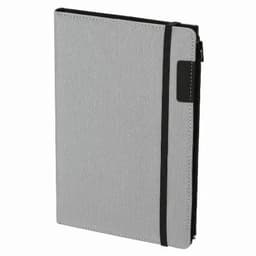 A notebook in grey fabric with a black elastic band and a subtle logo on the cover.