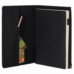 A black notebook with a zip closure, featuring a pocket for cards and a pencil. Inside is a blank page notebook.