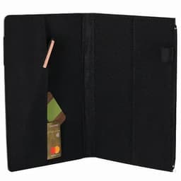A black wallet with a textured finish, featuring card slots and a pocket for notes or tickets.