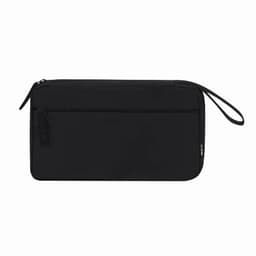 A black zippered pouch featuring a front pocket and a wrist strap, with a logo on the side.