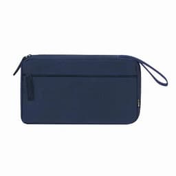 A navy blue travel pouch with a zippered closure and a wrist strap, featuring a front pocket.