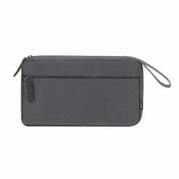 A grey zippered pouch with a handle, featuring a main compartment and a front pocket. It has a logo on the side.