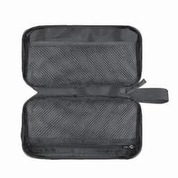 A zippered black storage pouch with a mesh design and a handle, featuring an open layout for easy access.