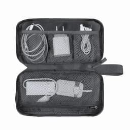A tech organiser featuring a grey exterior, multiple mesh pockets for cables, and a charger inside.