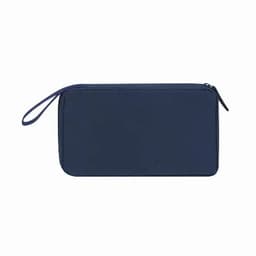 A navy blue zippered pouch with a wrist strap, featuring a smooth surface and branded logo.