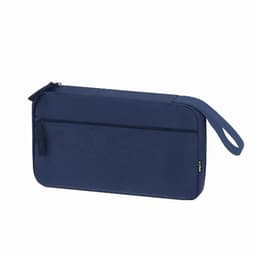 A navy blue zippered pouch with a secure handle and a front pocket, featuring a logo.