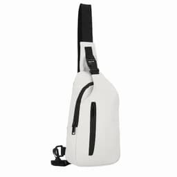 A white sling bag with a black adjustable strap and front zip pocket, featuring a minimalist design and logo.