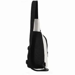 A drink bottle with a sleek design in white and black, featuring a side strap and a mesh panel.