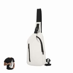 A white sling bag with a black strap, featuring zippered pockets and a modern design.