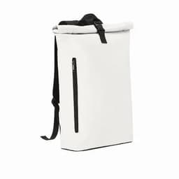 A roll-top backpack in white with a black side zipper and adjustable straps. It features a minimalist design.