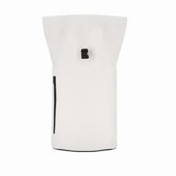 A backpack in white with a roll-top closure and a side zip pocket, featuring a simple design and a black accent.
