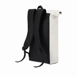 A backpack with a black base and a white top, featuring adjustable straps and a minimalist design.