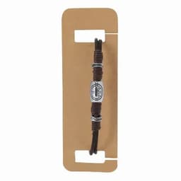 A brown leather bracelet with decorative silver beads, displayed on a cardboard card.
