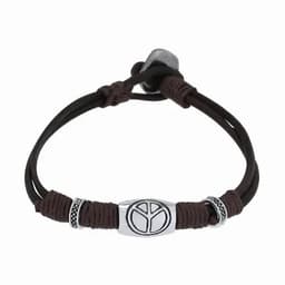 A brown leather bracelet featuring a silver peace symbol and decorative beads, with an adjustable closure.