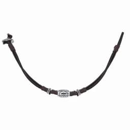 A brown leather bracelet featuring a central silver decoration and adjustable clasp.