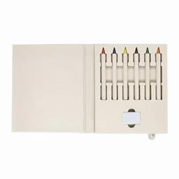 A set of coloured crayons in a beige and white case, featuring eight vibrant crayon colours with an attached drawer.